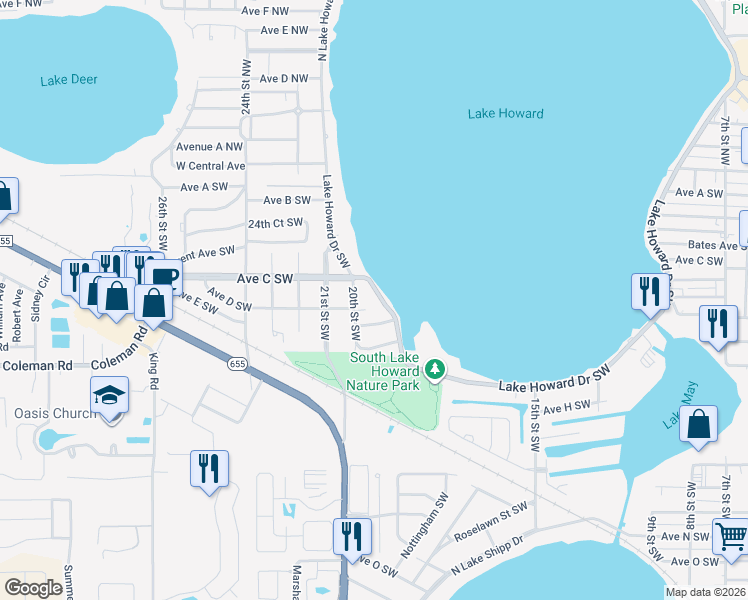 map of restaurants, bars, coffee shops, grocery stores, and more near 333 Lake Howard Drive Southwest in Winter Haven