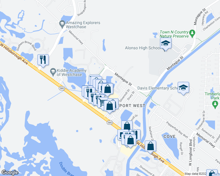 map of restaurants, bars, coffee shops, grocery stores, and more near Declaration Drive in Tampa