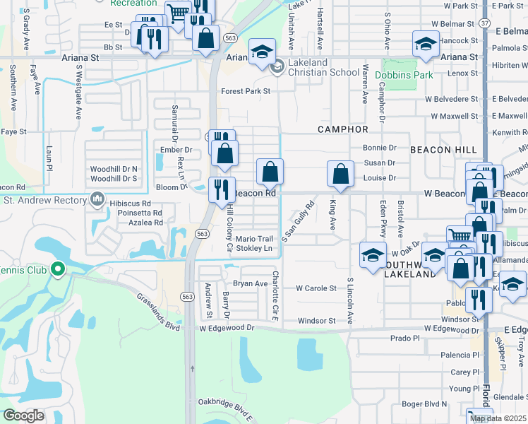 map of restaurants, bars, coffee shops, grocery stores, and more near 413 Weatherfore Lane in Lakeland