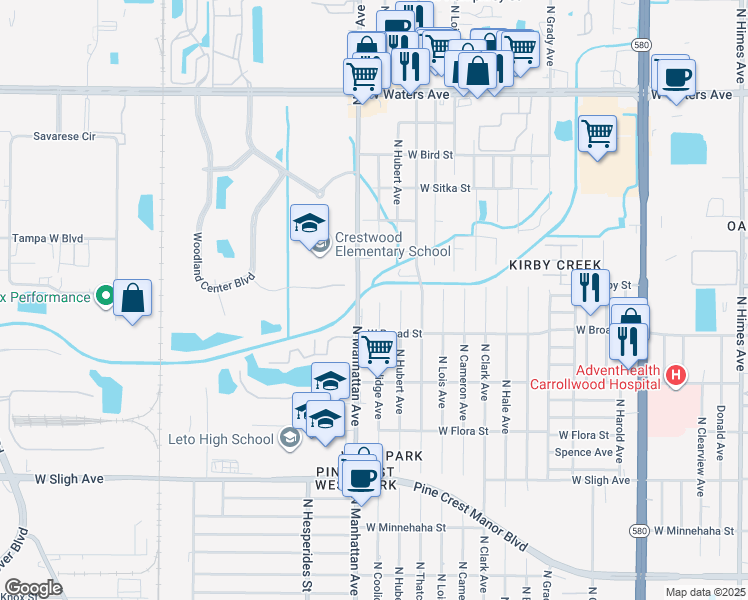 map of restaurants, bars, coffee shops, grocery stores, and more near 7510 North Coolidge Avenue in Tampa