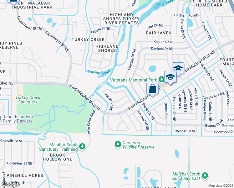 map of restaurants, bars, coffee shops, grocery stores, and more near 2625 Yalta Street Northeast in Palm Bay