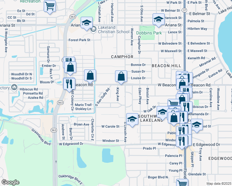 map of restaurants, bars, coffee shops, grocery stores, and more near 2216 King Avenue in Lakeland