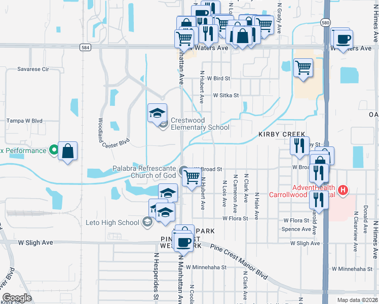 map of restaurants, bars, coffee shops, grocery stores, and more near 7510 North Coolidge Avenue in Tampa