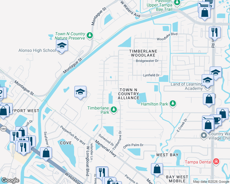 map of restaurants, bars, coffee shops, grocery stores, and more near 10120 Wheatley Hills Court in Tampa