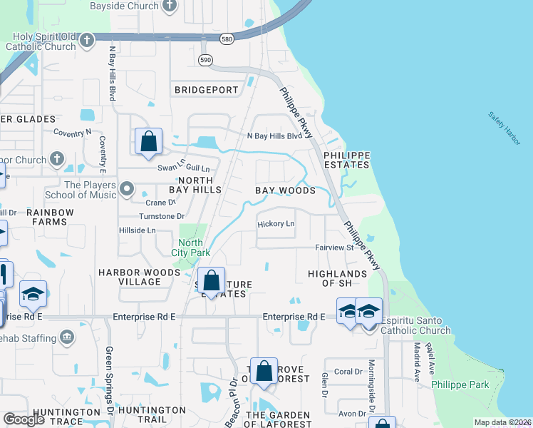 map of restaurants, bars, coffee shops, grocery stores, and more near 54 Bay Woods Drive in Safety Harbor