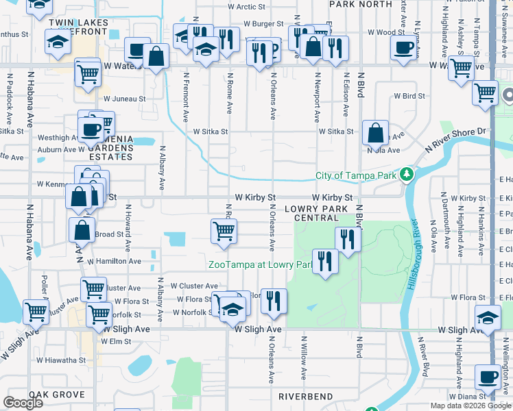 map of restaurants, bars, coffee shops, grocery stores, and more near 1513 West Patterson Street in Tampa