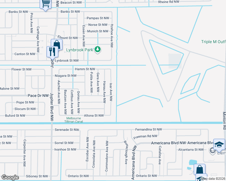 map of restaurants, bars, coffee shops, grocery stores, and more near 801 Isar Avenue Northwest in Palm Bay