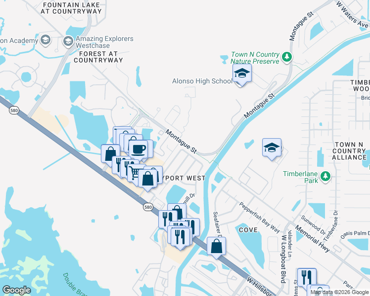 map of restaurants, bars, coffee shops, grocery stores, and more near 7104 Silvermill Drive in Tampa