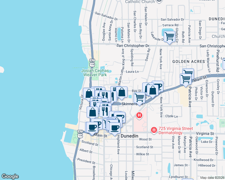 map of restaurants, bars, coffee shops, grocery stores, and more near 446 Palmetto Street in Dunedin