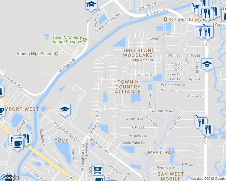 map of restaurants, bars, coffee shops, grocery stores, and more near 10111 Wheatley Hills Court in Tampa