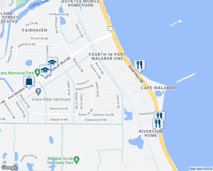 map of restaurants, bars, coffee shops, grocery stores, and more near 3266 Abbott Avenue Northeast in Palm Bay