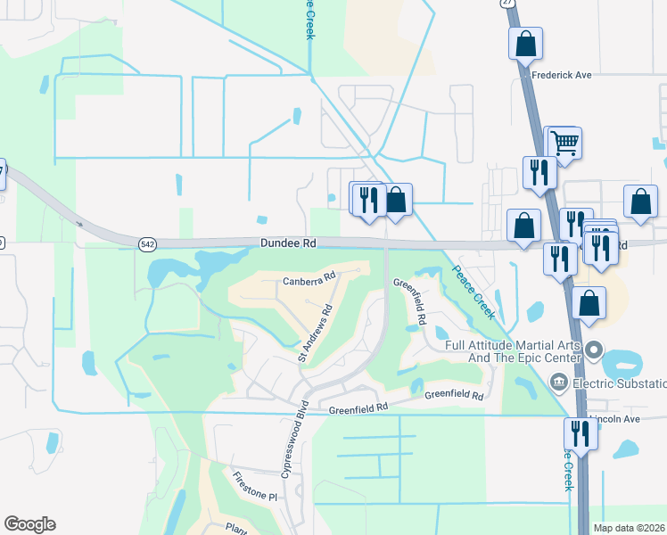 map of restaurants, bars, coffee shops, grocery stores, and more near 717 Canberra Road in Winter Haven