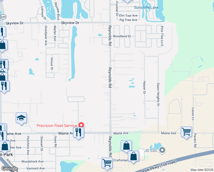 map of restaurants, bars, coffee shops, grocery stores, and more near 2227 Reynolds Road in Lakeland