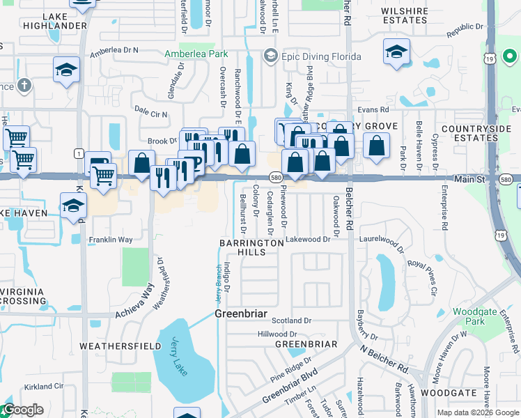 map of restaurants, bars, coffee shops, grocery stores, and more near 2625 Cedarglen Drive in Dunedin