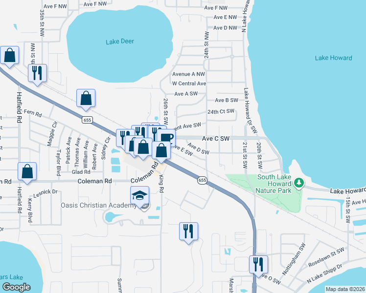 map of restaurants, bars, coffee shops, grocery stores, and more near 2500 Avenue East Southwest in Winter Haven