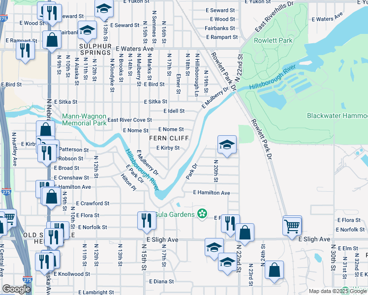map of restaurants, bars, coffee shops, grocery stores, and more near 1720 East Mulberry Drive in Tampa
