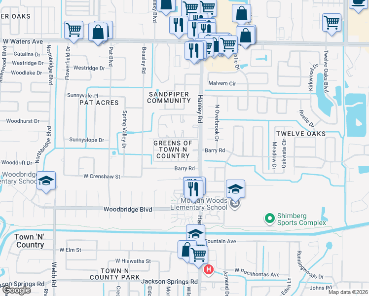 map of restaurants, bars, coffee shops, grocery stores, and more near in Town 'n' Country