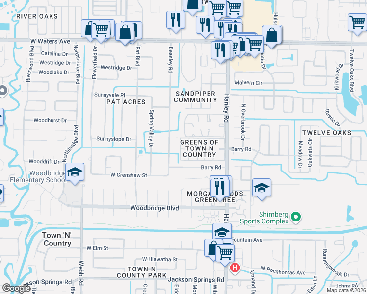 map of restaurants, bars, coffee shops, grocery stores, and more near 7510 Fragancia Court in Tampa