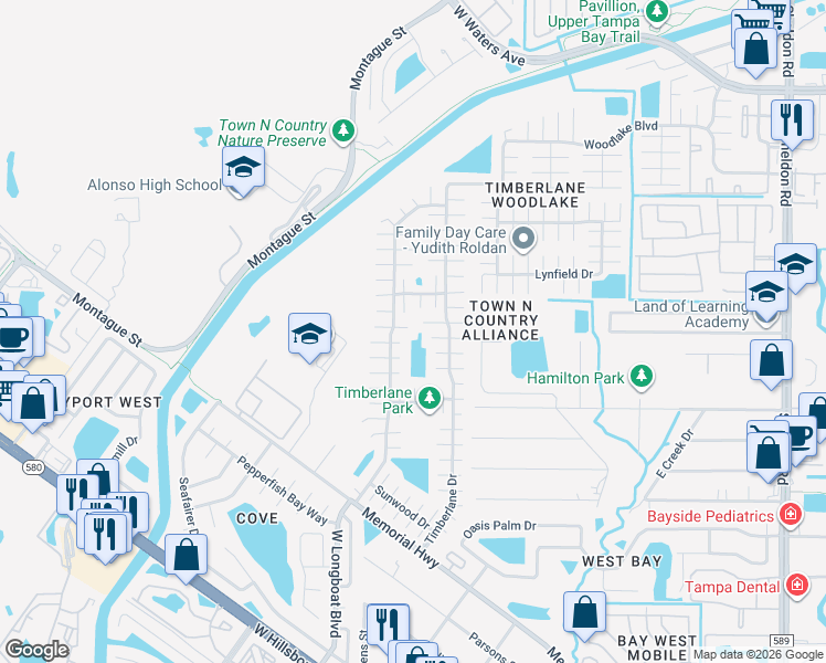 map of restaurants, bars, coffee shops, grocery stores, and more near 10120 Wheatley Hills Court in Tampa