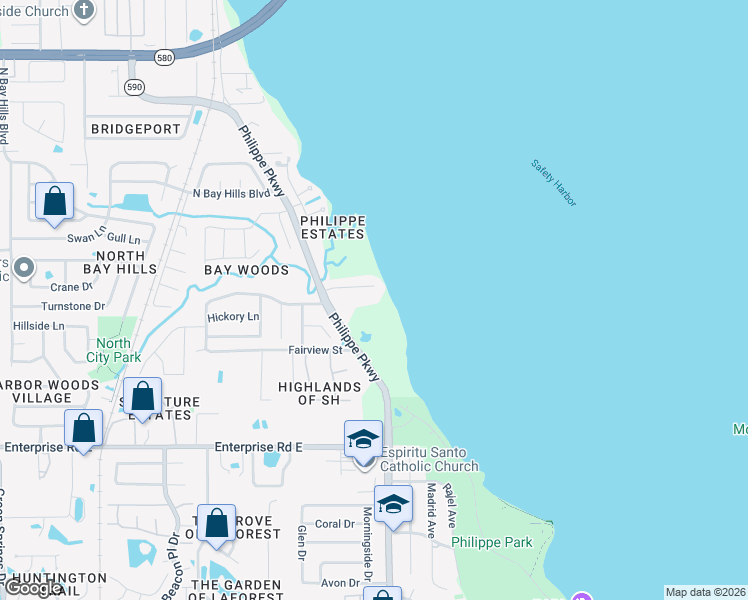 map of restaurants, bars, coffee shops, grocery stores, and more near 2600 Philippe Parkway in Safety Harbor