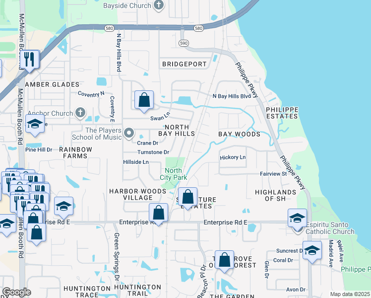 map of restaurants, bars, coffee shops, grocery stores, and more near 2075 Swan Lane in Safety Harbor