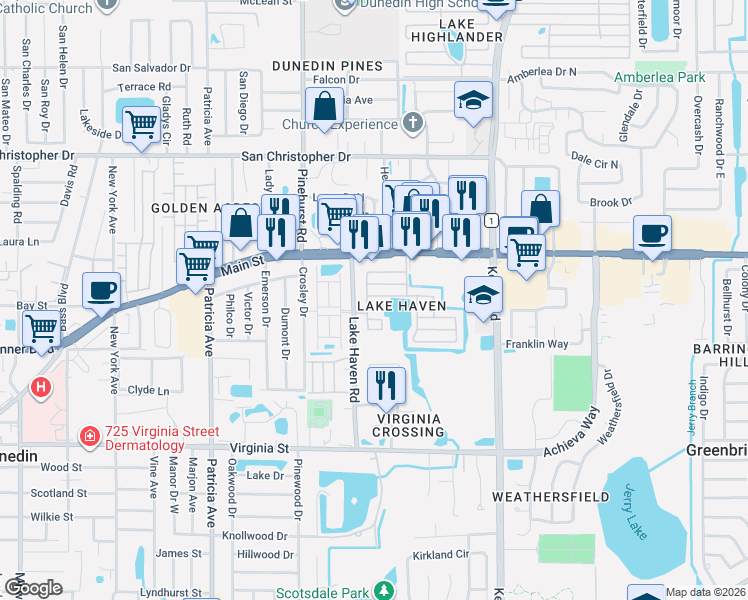map of restaurants, bars, coffee shops, grocery stores, and more near 885 Lake Haven Rd in Dunedin