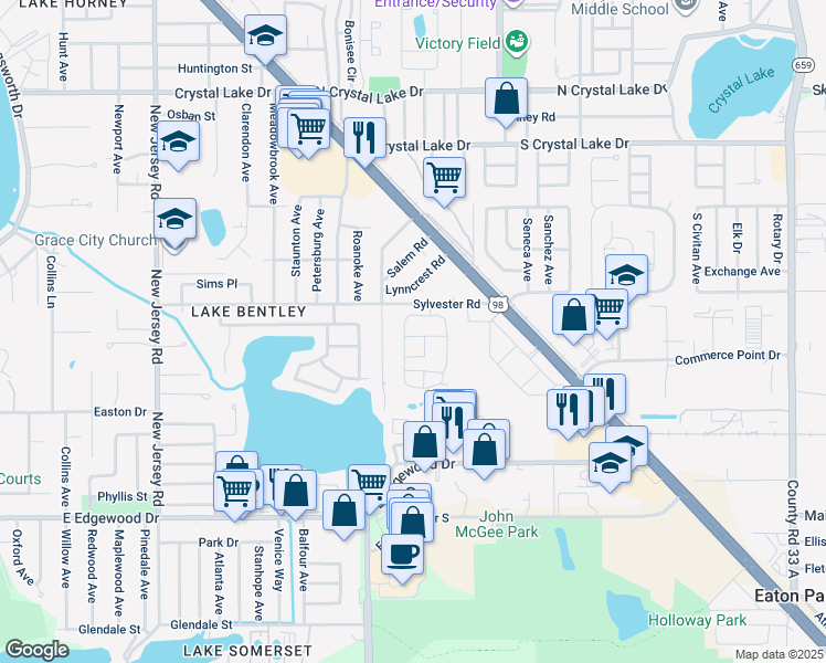 map of restaurants, bars, coffee shops, grocery stores, and more near 2025 Sylvester Road in Lakeland