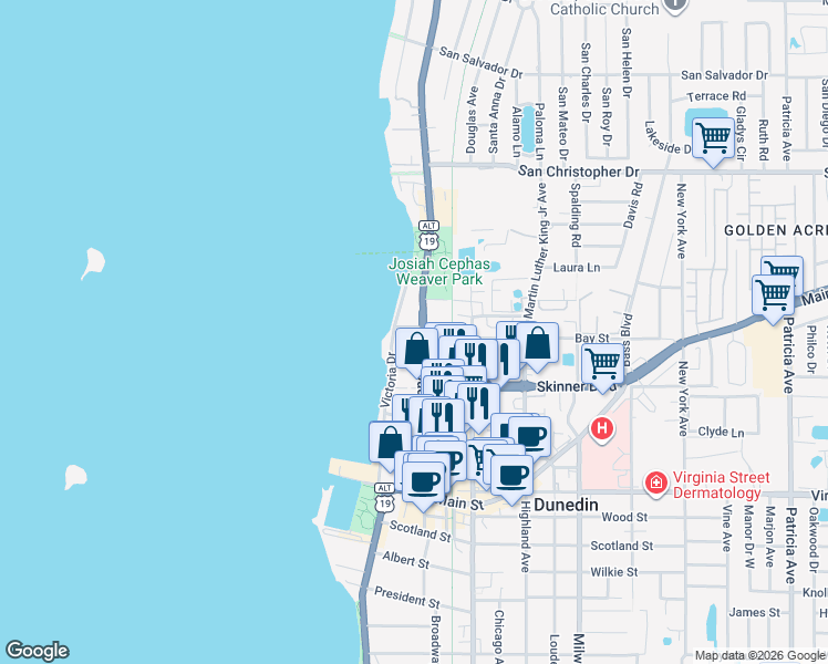 map of restaurants, bars, coffee shops, grocery stores, and more near 1035 Broadway in Dunedin