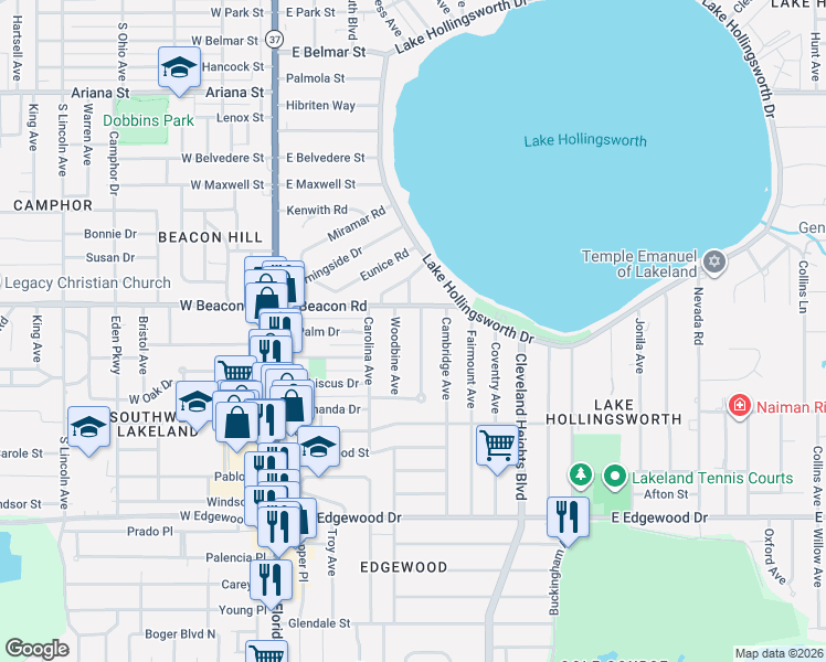 map of restaurants, bars, coffee shops, grocery stores, and more near 2216 Hawthorne Trail in Lakeland