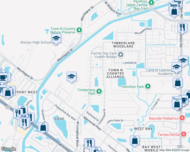 map of restaurants, bars, coffee shops, grocery stores, and more near 10120 Wheatley Hills Court in Tampa