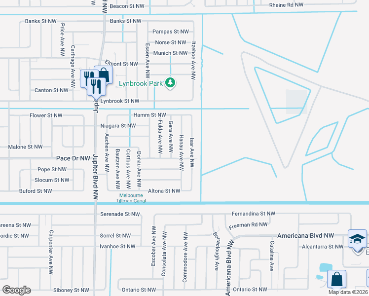 map of restaurants, bars, coffee shops, grocery stores, and more near 802 Hanau Avenue Northwest in Palm Bay