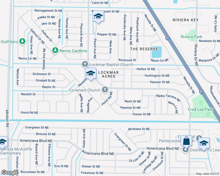 map of restaurants, bars, coffee shops, grocery stores, and more near 746 Emerson Drive Northeast in Palm Bay