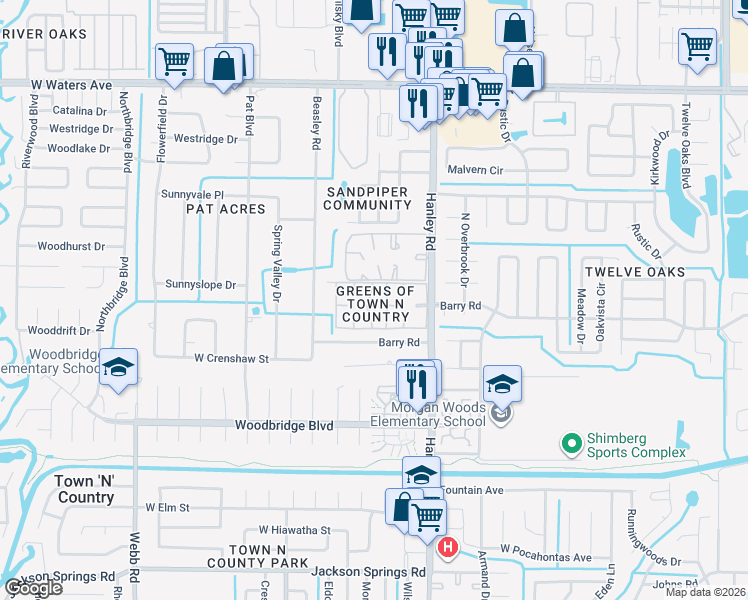 map of restaurants, bars, coffee shops, grocery stores, and more near in Town 'n' Country