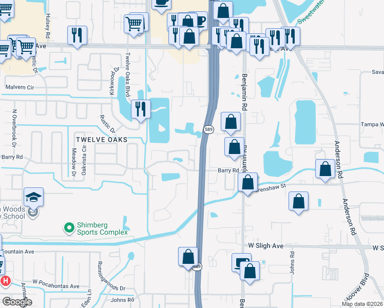map of restaurants, bars, coffee shops, grocery stores, and more near 6101 Oak Cluster Circle in Tampa