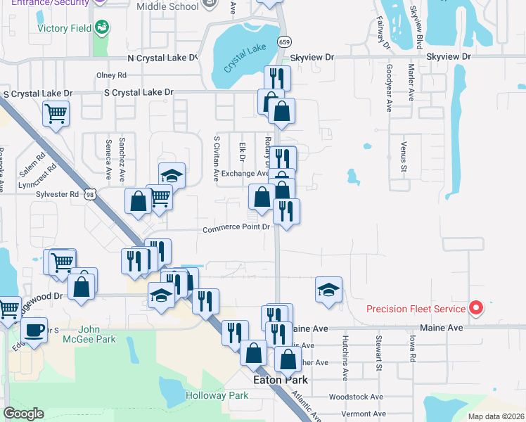 map of restaurants, bars, coffee shops, grocery stores, and more near 2520 Commerce Point Drive in Lakeland