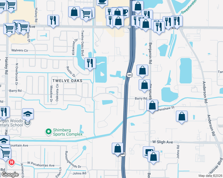 map of restaurants, bars, coffee shops, grocery stores, and more near 6138 Oak Cluster Circle in Tampa