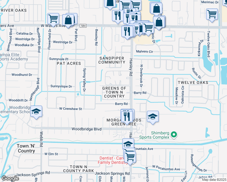 map of restaurants, bars, coffee shops, grocery stores, and more near 7603 Palmera Pointe Circle in Tampa