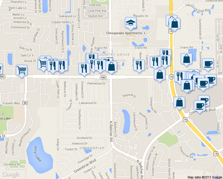 map of restaurants, bars, coffee shops, grocery stores, and more near 1449 Belcher Rd N in Clearwater
