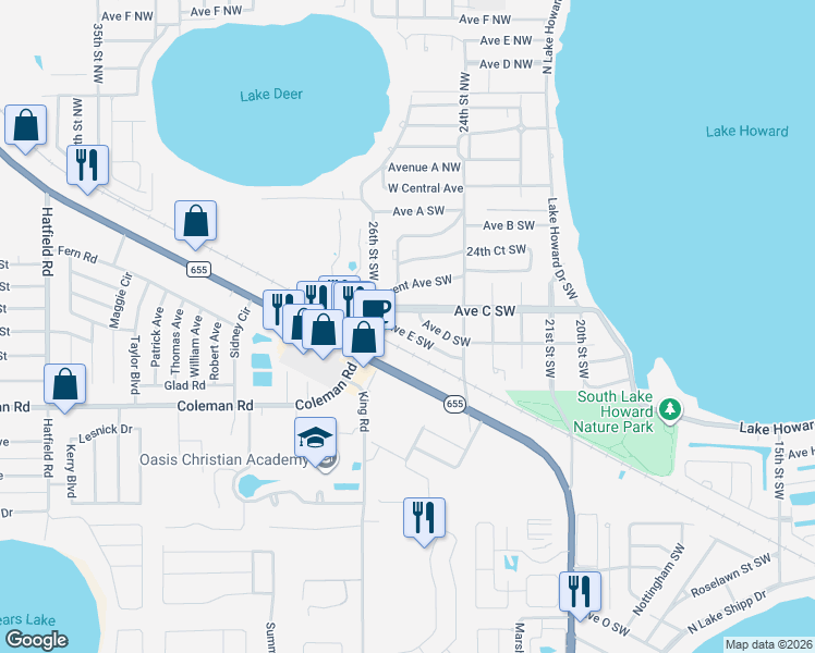 map of restaurants, bars, coffee shops, grocery stores, and more near 2829 West Central Avenue in Winter Haven