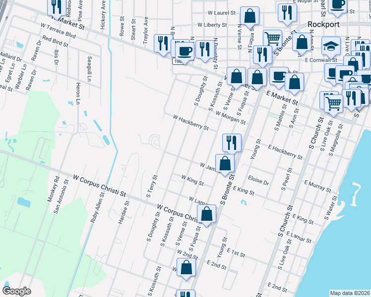 map of restaurants, bars, coffee shops, grocery stores, and more near 423 South Doughty Street in Rockport