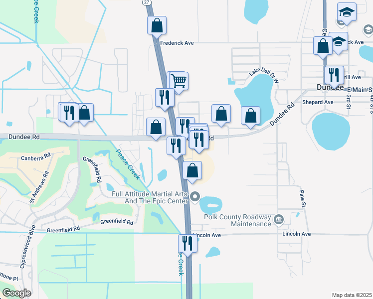 map of restaurants, bars, coffee shops, grocery stores, and more near 28149 US Highway 27 in Dundee