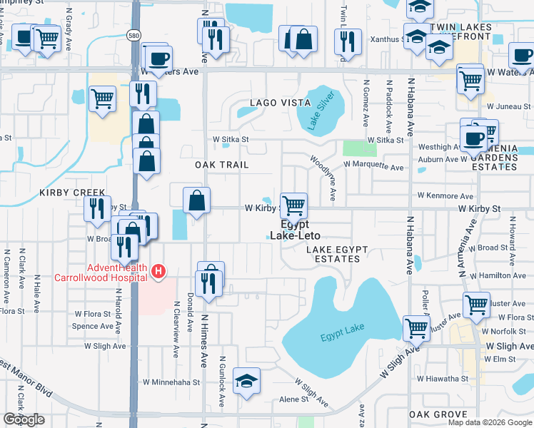 map of restaurants, bars, coffee shops, grocery stores, and more near 3305 West Kirby Street in Tampa