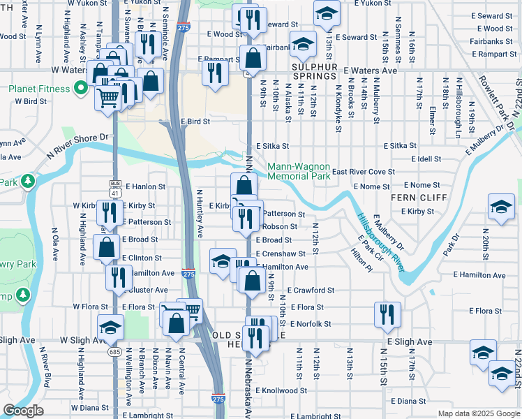 map of restaurants, bars, coffee shops, grocery stores, and more near 906 East Patterson Street in Tampa
