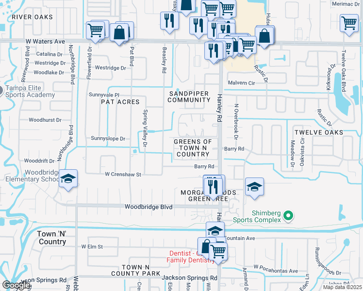 map of restaurants, bars, coffee shops, grocery stores, and more near 7616 La Mesita Court in Tampa