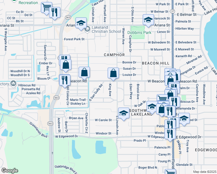 map of restaurants, bars, coffee shops, grocery stores, and more near in Lakeland