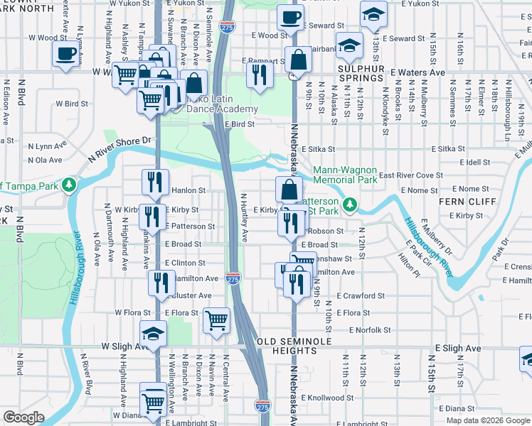 map of restaurants, bars, coffee shops, grocery stores, and more near 7706 North Taliaferro Avenue in Tampa