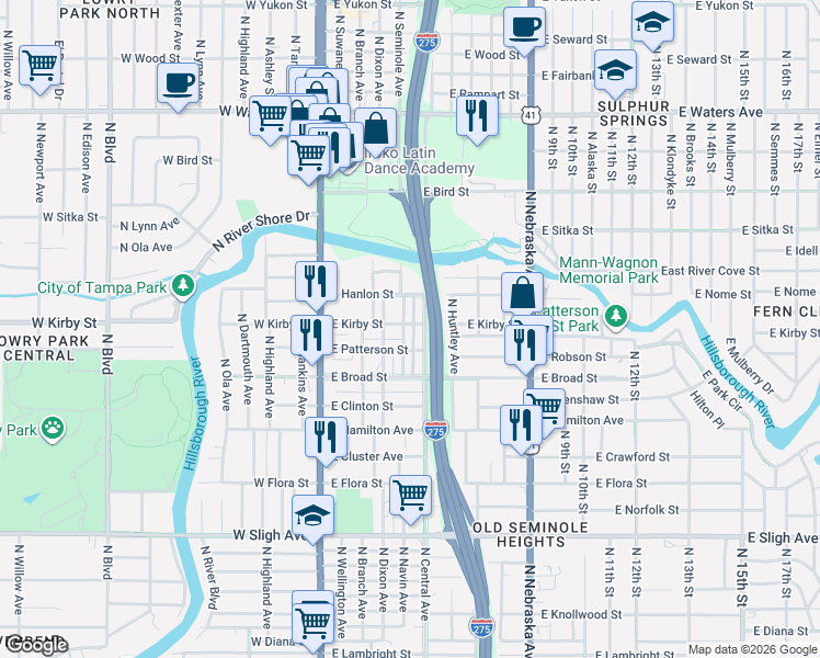 map of restaurants, bars, coffee shops, grocery stores, and more near 7708 North Riverdale Avenue in Tampa