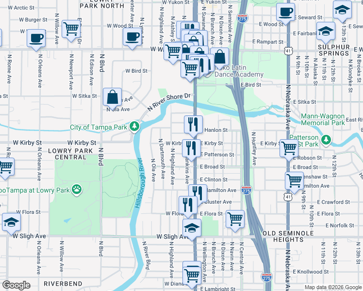 map of restaurants, bars, coffee shops, grocery stores, and more near 116 West Hanlon Street in Tampa