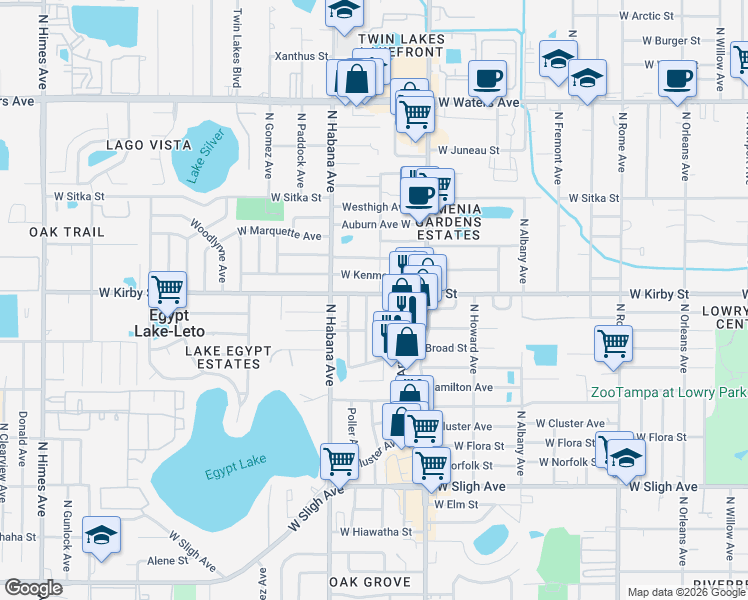 map of restaurants, bars, coffee shops, grocery stores, and more near 2602 West Kenmore Avenue in Tampa