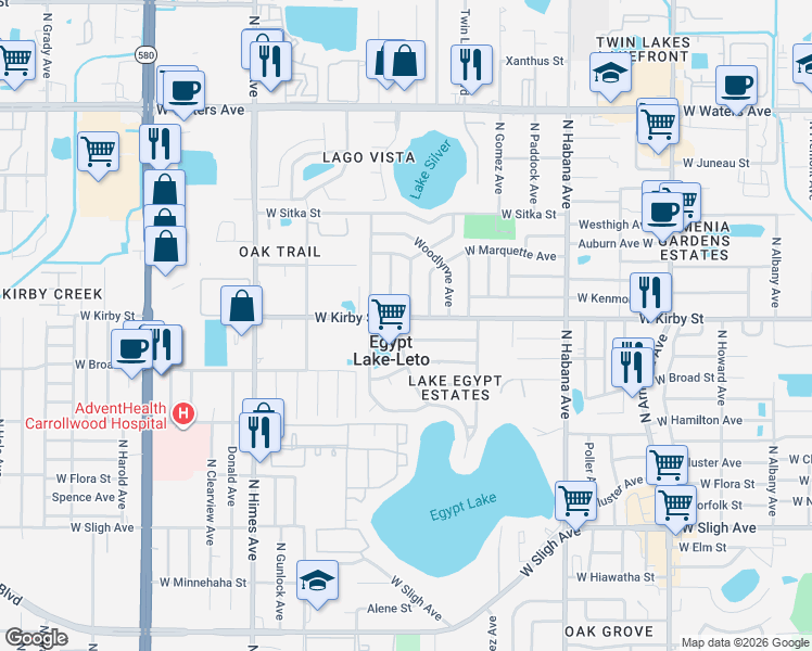 map of restaurants, bars, coffee shops, grocery stores, and more near 7804 Lakeside Boulevard in Tampa